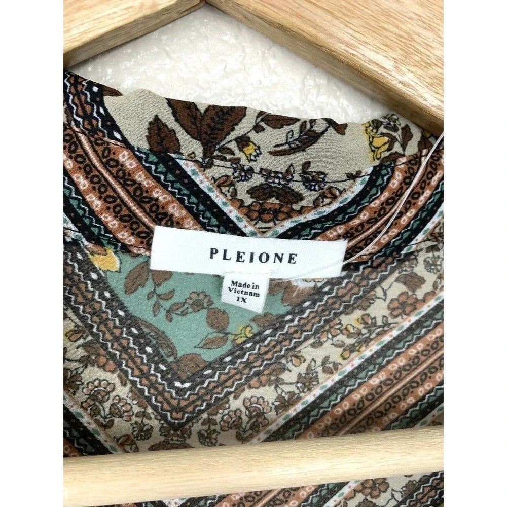 Pleione 1X Sheer Chiffon Blouse Mixed Print Floral Long Sleeves